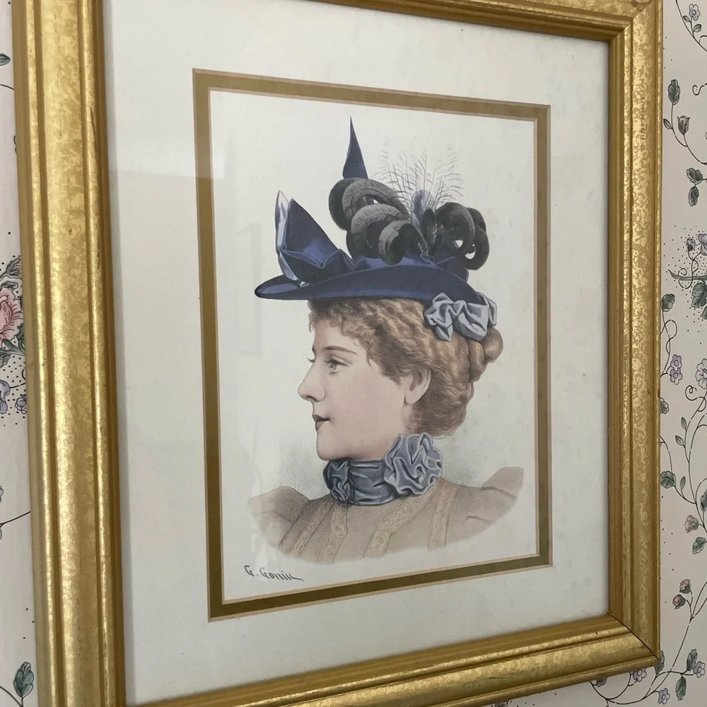 G Gonik 12x14 Victorian Lady Portrait in Gold Frame - Blue Hat Accent